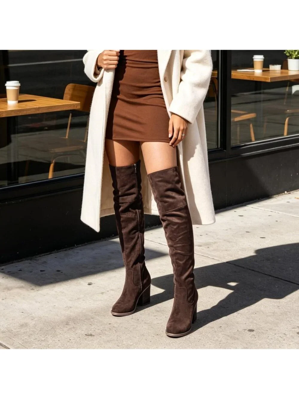 Women's Brown Stacked Block Heeled Pointed Toe Side Zipper Thigh High Boots